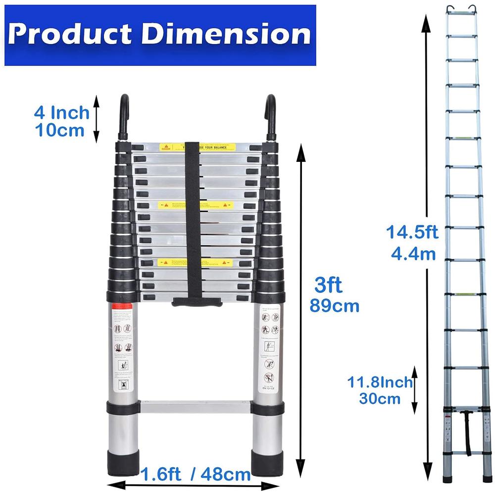 Generic 14.5FT Telescoping Ladder Aluminum DIY RV Extension Folding Ladder with 2 Detachable Hooks, 330lbs Max Load Heavy Duty Portable