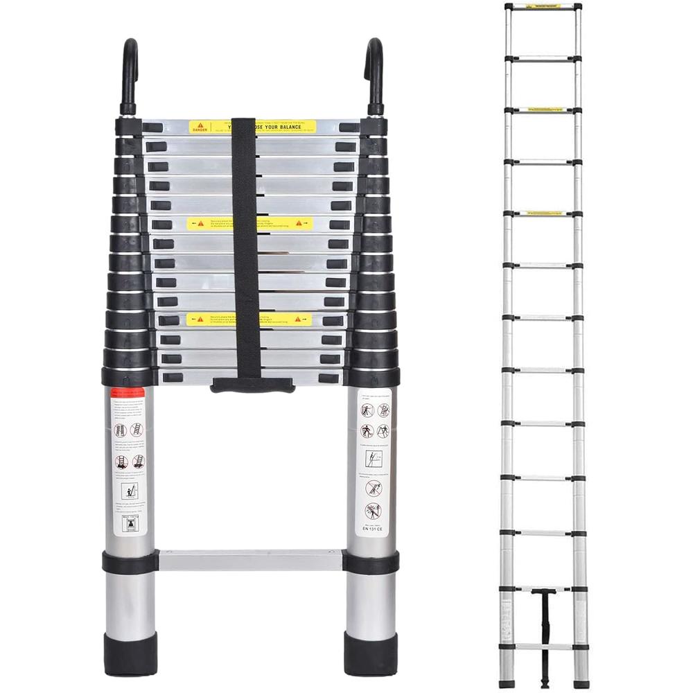 Generic 14.5FT Telescoping Ladder Aluminum DIY RV Extension Folding Ladder with 2 Detachable Hooks, 330lbs Max Load Heavy Duty Portable