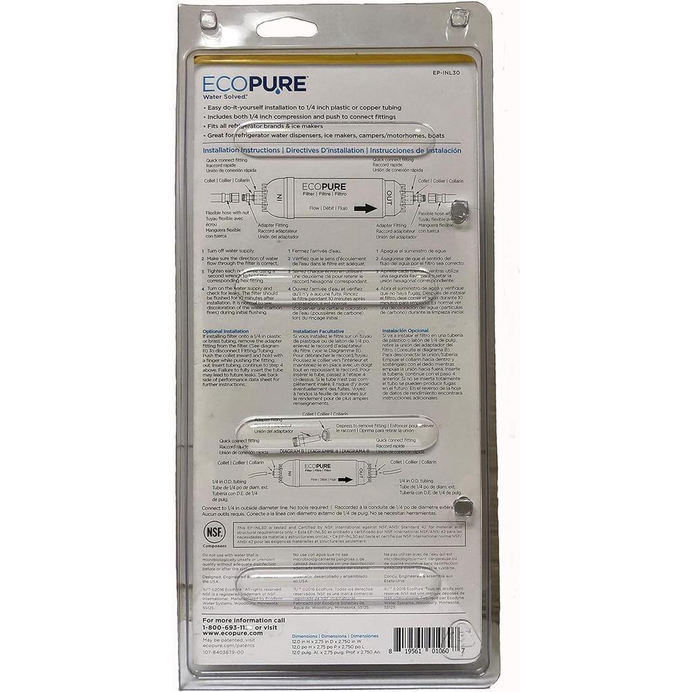 KX Tech EcoPure EPINL30 5 Year in-Line Refrigerator Filter-Universal Includes Both 1/4" Compression and Push to Connect Fittings