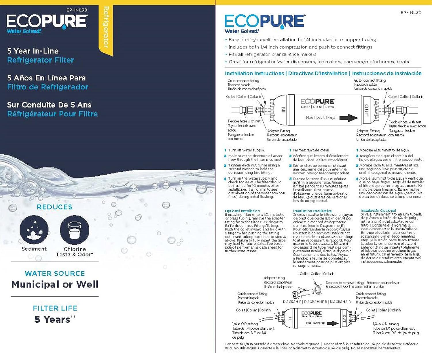 KX Tech EcoPure EPINL30 5 Year in-Line Refrigerator Filter-Universal Includes Both 1/4" Compression and Push to Connect Fittings