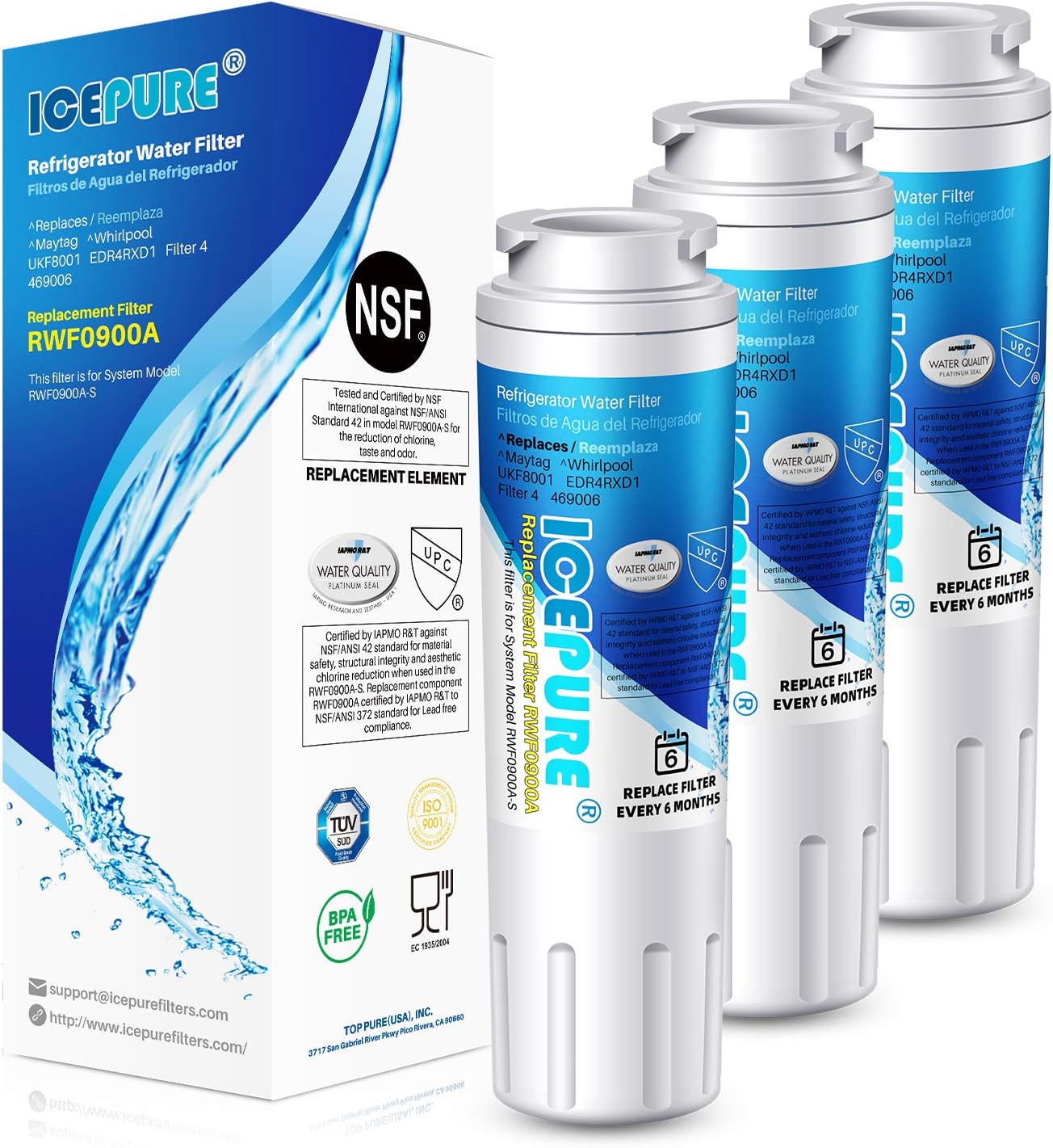 ICEPURE UKF8001 Compatible with Whirlpool EDR4RXD1, 4396395, Maytag UKF8001, UKF8001AXX, EveryDrop Refrigerator Water Filter 4, RFC0900