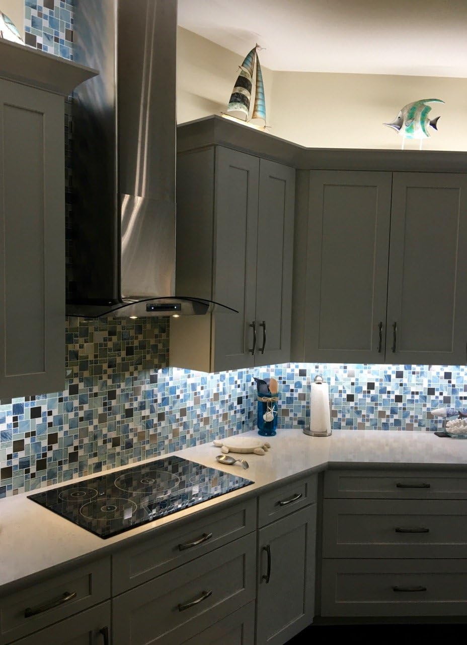 TST MOSAIC TILES Sea Blue Green Glass Stainless Steel Tile White Kitchen Bath Backsplash Artistic Mosaic TSTMGB028 (1 Sample 12x12 Inches)
