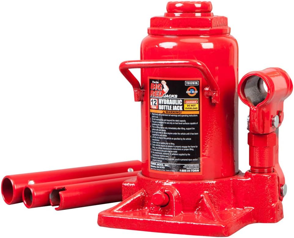 TORIN BIG RED T91207A  Hydraulic Stubby Low Profile Welded Bottle Jack, 12 Ton (24,000 lb) Capacity, Red