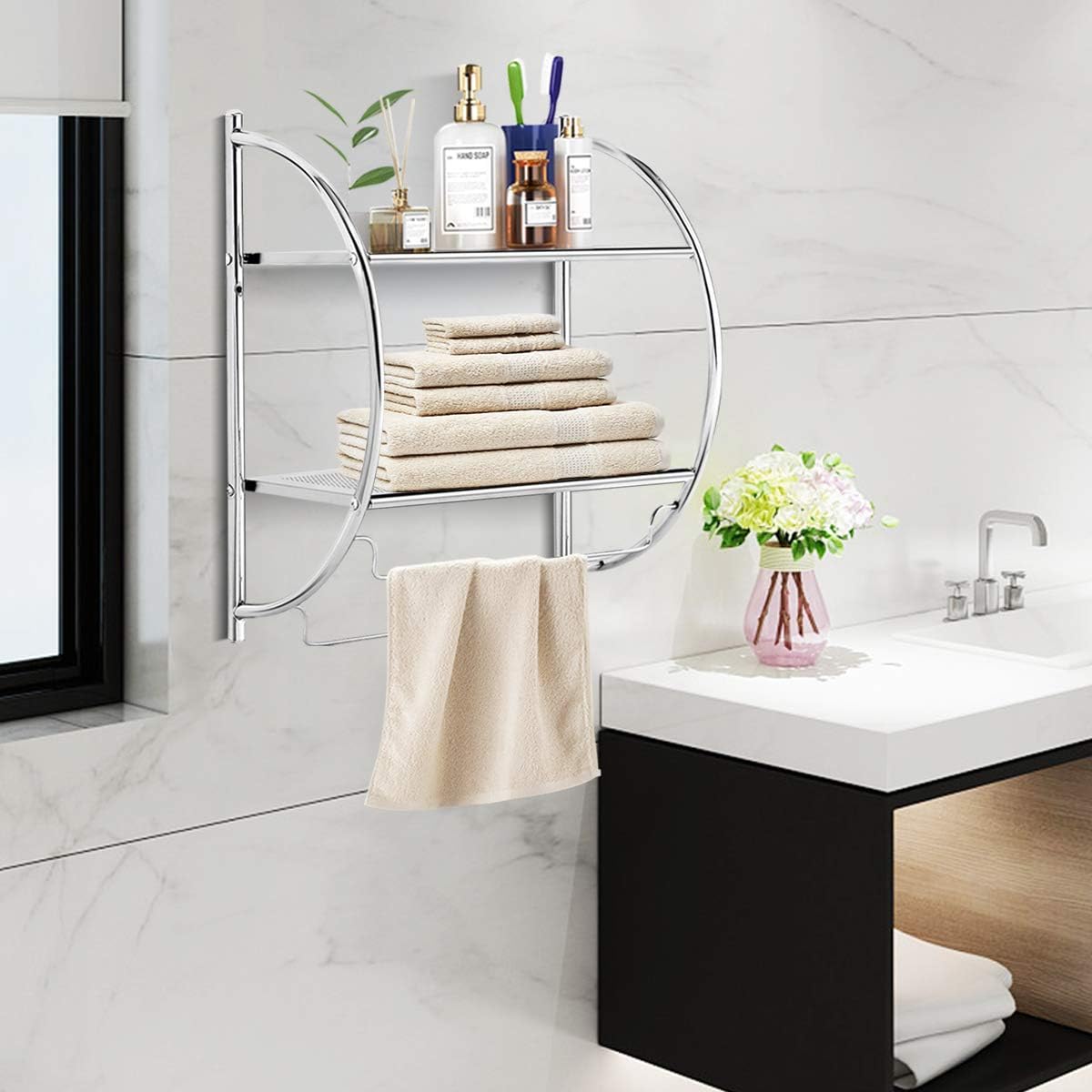 TANGKULA Wall Mount 2 Tier Bathroom Shelf with Towel Bars, 18"W X 10"D X 22"H, Chrome Bathroom Shelf, Home Toile