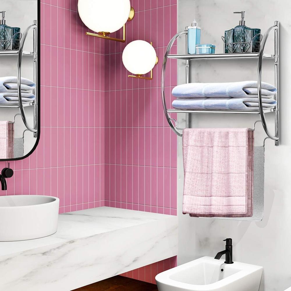 TANGKULA Wall Mount 2 Tier Bathroom Shelf with Towel Bars, 18"W X 10"D X 22"H, Chrome Bathroom Shelf, Home Toile
