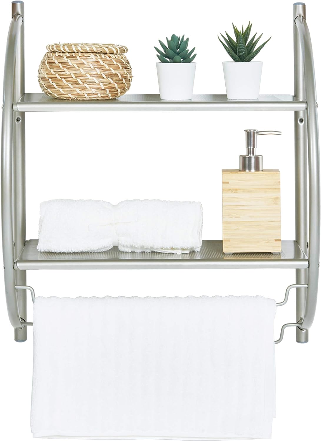 Homebase Double Wall Mount Bathroom Shelf with Towel Bars, 18"L X 10"D X 22"H, Satin Nickel Bathroom Shelf, 2 Shelves Wal
