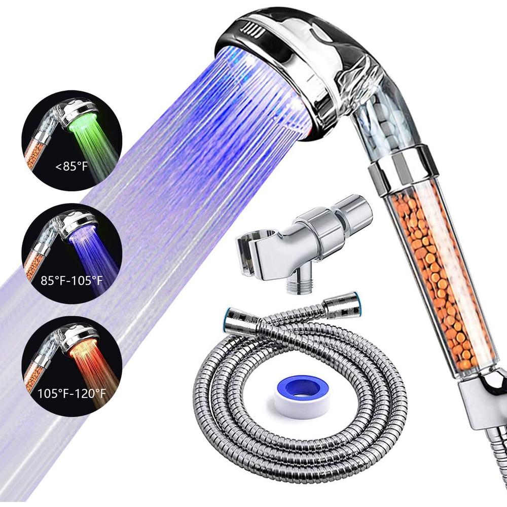 Heptagram PRUGNA LED Shower Head with Hose and Shower Arm Bracket, High-Pressure Filter Handheld Shower for Repair Dry Skin and Hair Loss