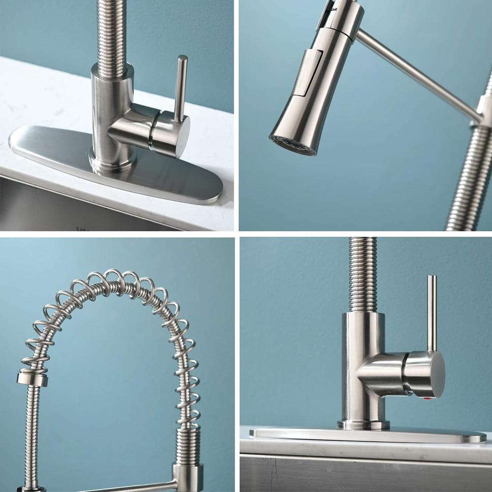 KINGO HOME Farmhouse Brushed Nickel Spring Kitchen Faucet with Pull Down Sprayer, Lead Free Commercial Stainless Steel Single Lever Handle