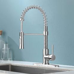 KINGO HOME Farmhouse Brushed Nickel Spring Kitchen Faucet with Pull Down Sprayer, Lead Free Commercial Stainless Steel Single Lever Handle