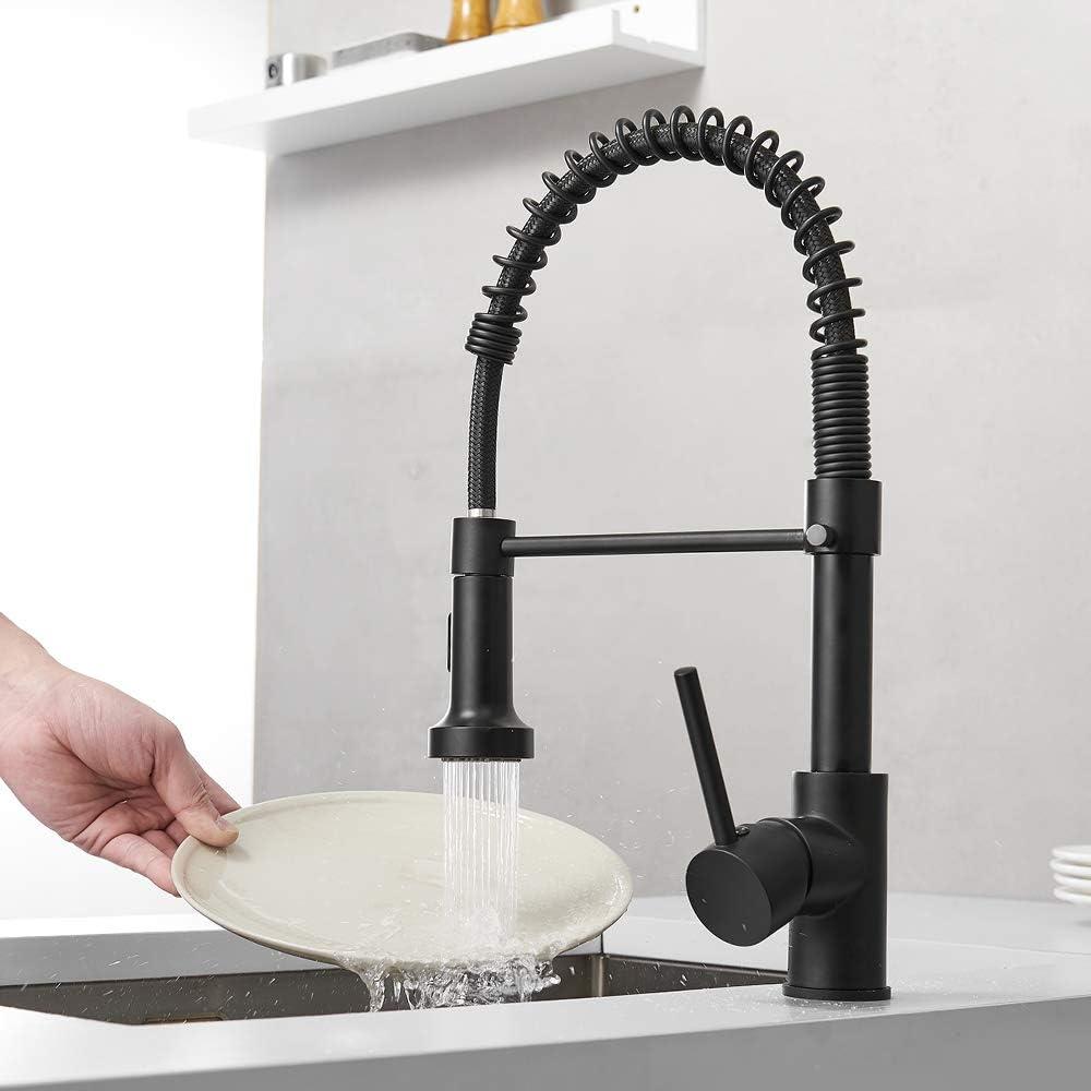 owofan Kitchen Faucets Commercial Solid Brass Single Handle Single Lever Pull Down Sprayer Spring Kitchen Sink Faucet, Matte Black 900