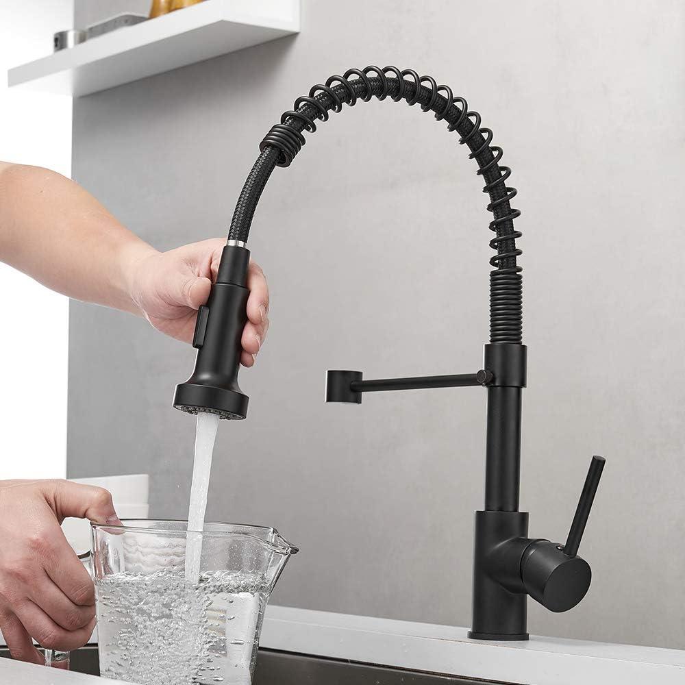 owofan Kitchen Faucets Commercial Solid Brass Single Handle Single Lever Pull Down Sprayer Spring Kitchen Sink Faucet, Matte Black 900