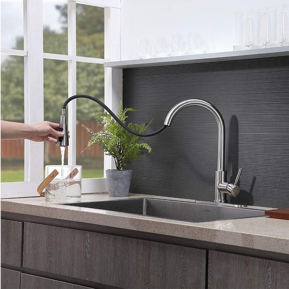VESLA HOME Single Handle High Arc Pull Out Brushed Nickel Kitchen Faucet, Single Level Stainless Steel Kitchen Sink Faucets with Pull Down