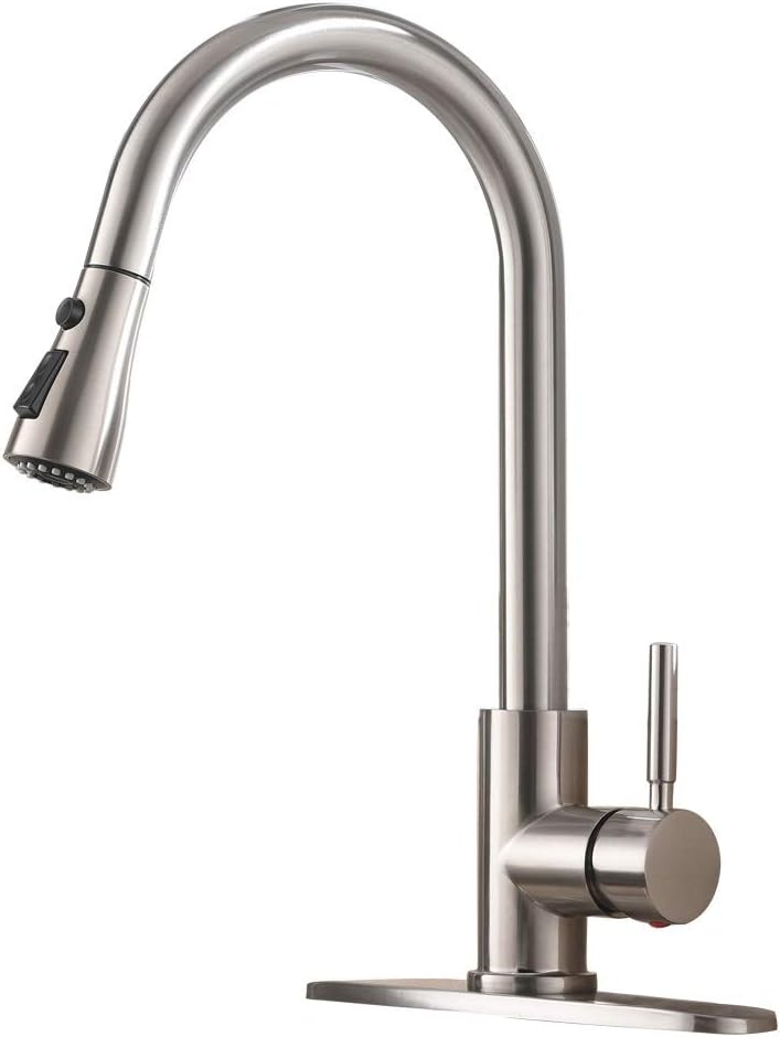 VESLA HOME Single Handle High Arc Pull Out Brushed Nickel Kitchen Faucet, Single Level Stainless Steel Kitchen Sink Faucets with Pull Down