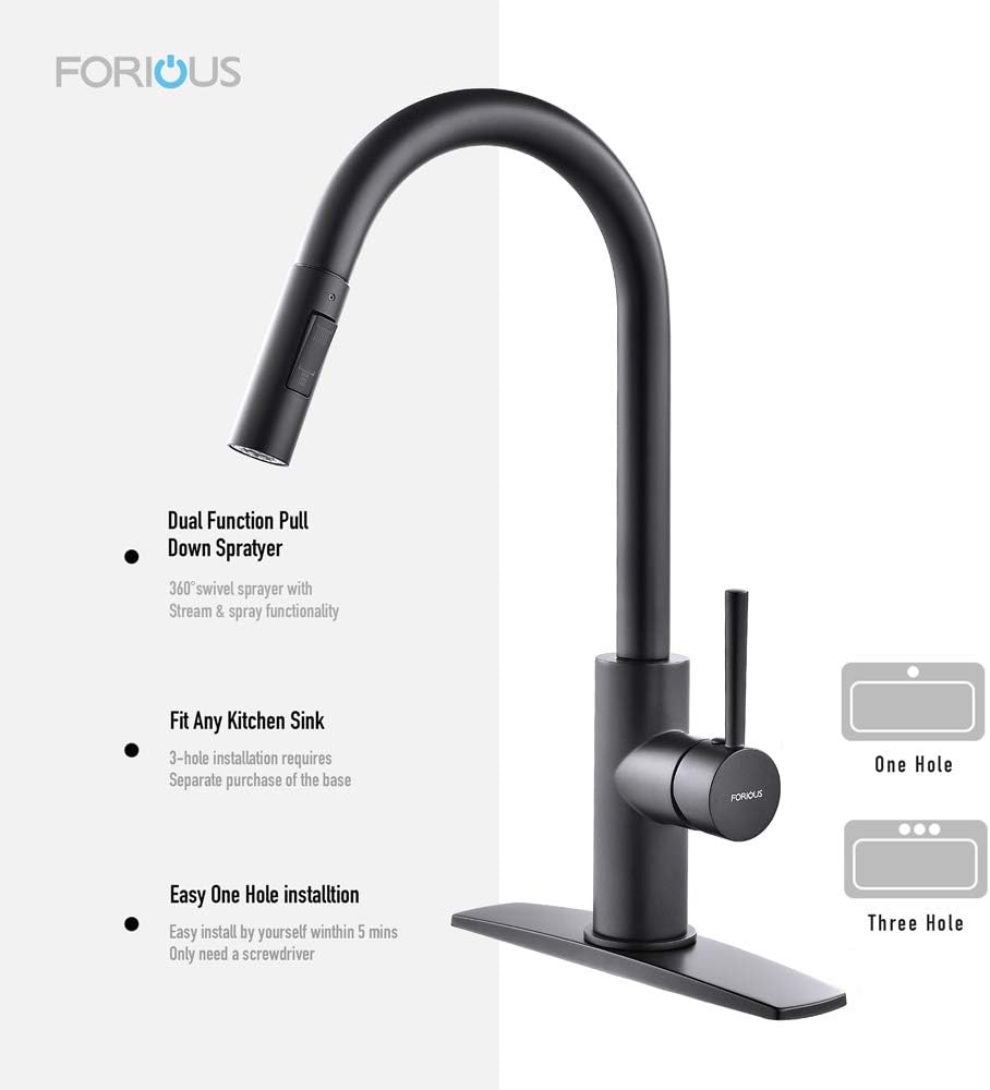 Forious Forious Black Kitchen Faucet with Pull Down Sprayer, Kitchen Faucet Black Sink Faucet with Pull Out Sprayer, Single Hole and 3 Hole Dec