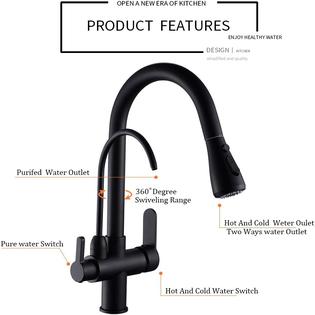 WANFAN Commercial Lead Free Pull Out Kitchen Sink Faucet Dual Handle 3 in 1 High Arc Water Filter Purifier Faucets Matte Black 0195R