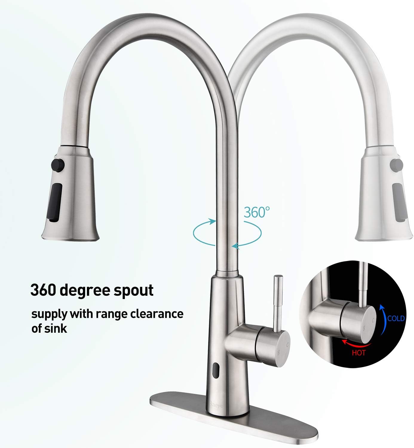 Raeye Touchless Kitchen Faucet With Pull Down Sprayer Single Hole Brushed Nickel Stainless Steel Sensor Kitchen Sink Faucet
