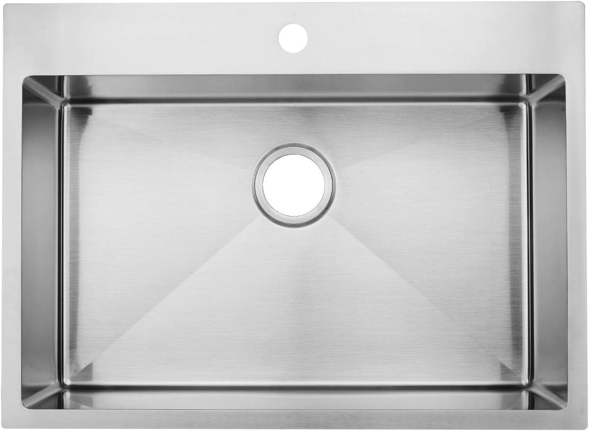 Shaco Commercial 28 inch 16 Gauge Top mount Drop-in Single Bowl Basin  Handmade T304 Brushed Nickel Kitchen Sink, Stainless Steel 10 I