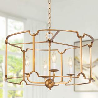 Laluz Gold Chandelier Modern Drum Dining Room Lighting Fixtures Hanging With Antique Finish For Kitchen Laluz Gold Chandelier Modern Drum, Hanging Light Fixtures For Dining Room