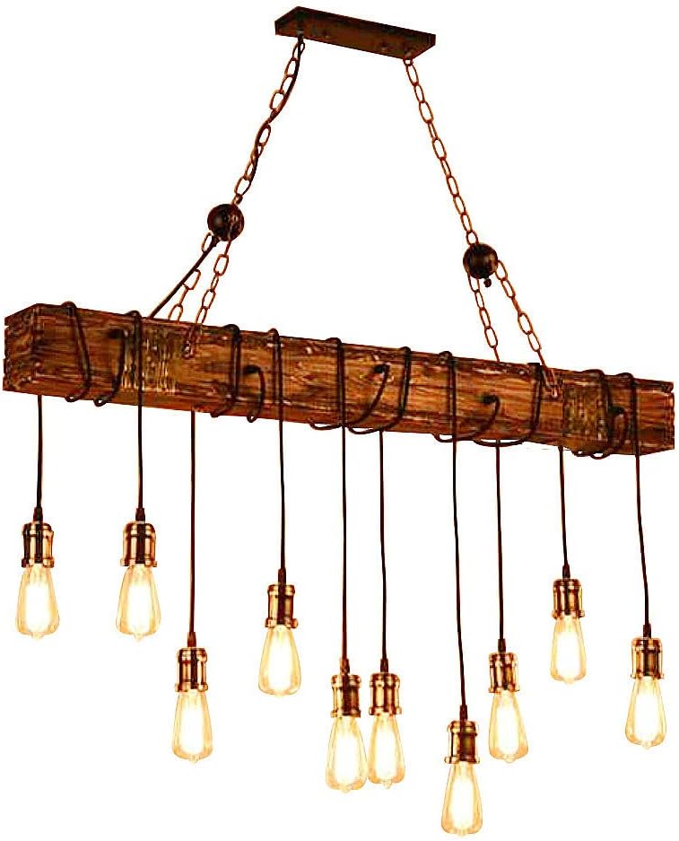 Ladiqi 10-Lights Wooden Island Chandelier Retro Rustic Pendant Lighting  Lamp Multiple Adjustable Hanging Ceiling Linear Light Fixtures