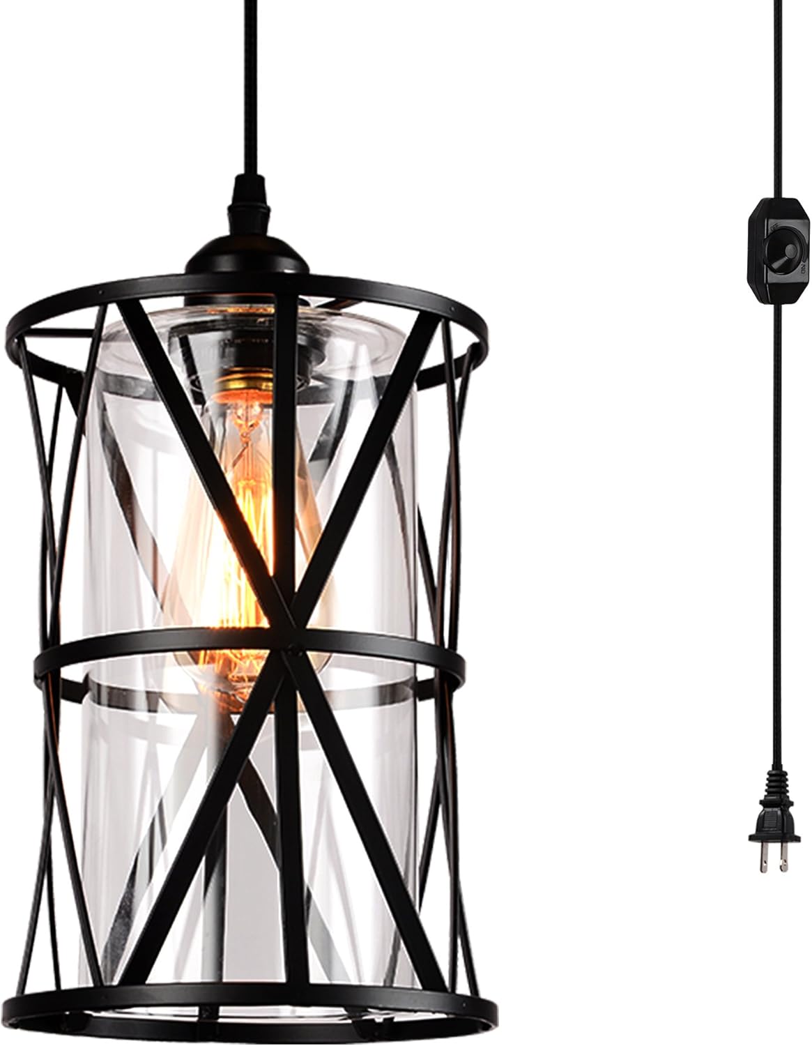 Hmvpl Farmhouse Pendant Lighting Outdoor Swag Lamp With Plug In Cord And On Off Dimmer Switch Hanging Light Fixture Clear Glas Hmvpl Farmhouse Pendant Lighting, Plug In Swag Lighting Fixtures
