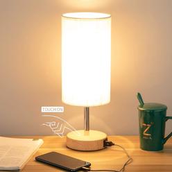 YARRA-DECOR Bedside Lamp with USB port - Touch Control Table Lamp for Bedroom Wood 3 Way Dimmable Nightstand Lamp with Round Flaxen Fabric