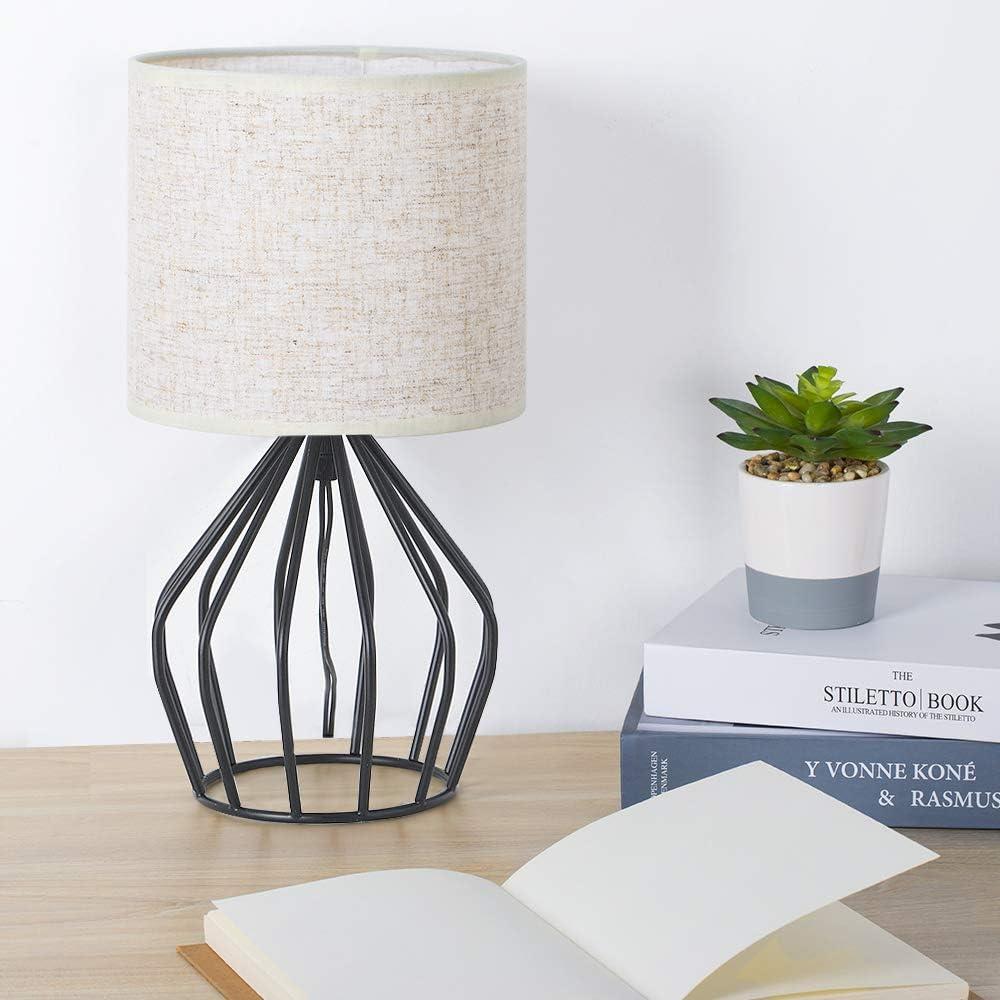 HAITRAL Black Modern Table Lamp - Minimalist Small Bedside Lamp with Hollowed Out Base Linen Fabric Shade, Vintage Nightstand Lamp for