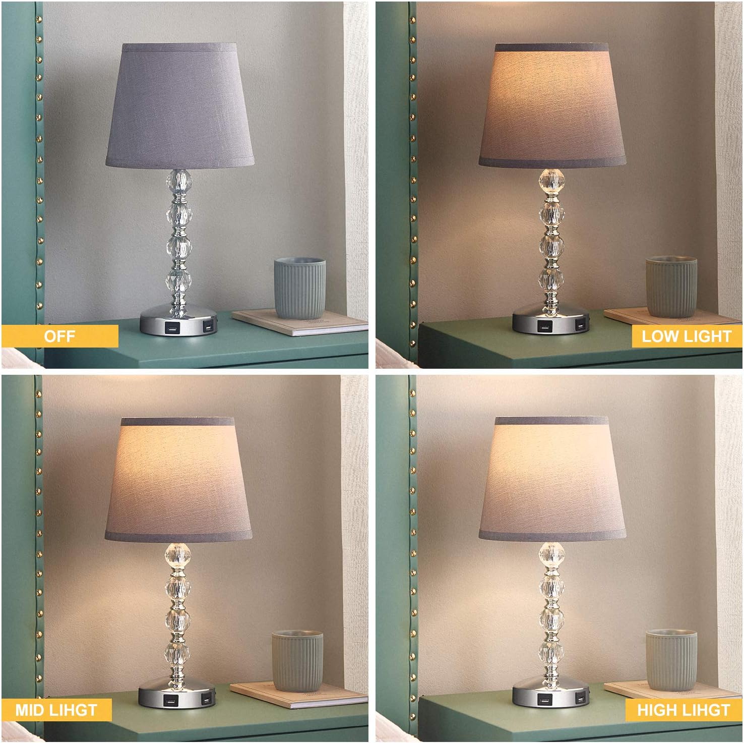 Acaxin Touch Control 3 Way Dimmable Cute Crystal Table Lamp With 2 Usb Charging Ports 17inch Bedside Light Modern Gray Shade S Dimmable Cute Crystal Table Lamp, Touch Control Crystal Table Lamp With Usb Port