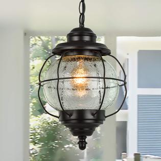 Laluz Outdoor Pendant Lights Farmhouse Ceiling Hanging Porch Fixture In Black Metal With Clear Bubbled Glass Globe Iron Cage Fram Farmhouse Ceiling Hanging Porch Fixture, Outdoor Clear Globe Light Fixture