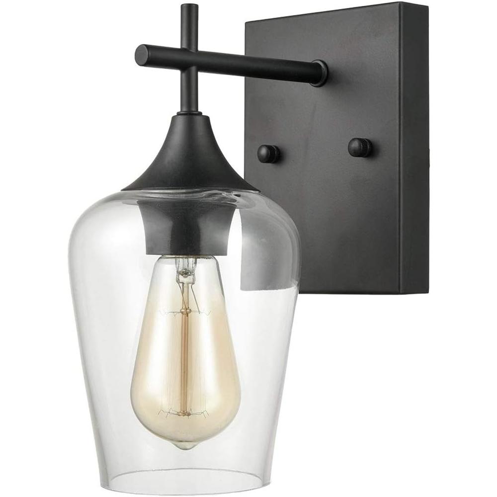 T&J Matte Black Simplicity 1 Light Clear Glass Wall Sconce Industrial Bathroom Vanity Lighting