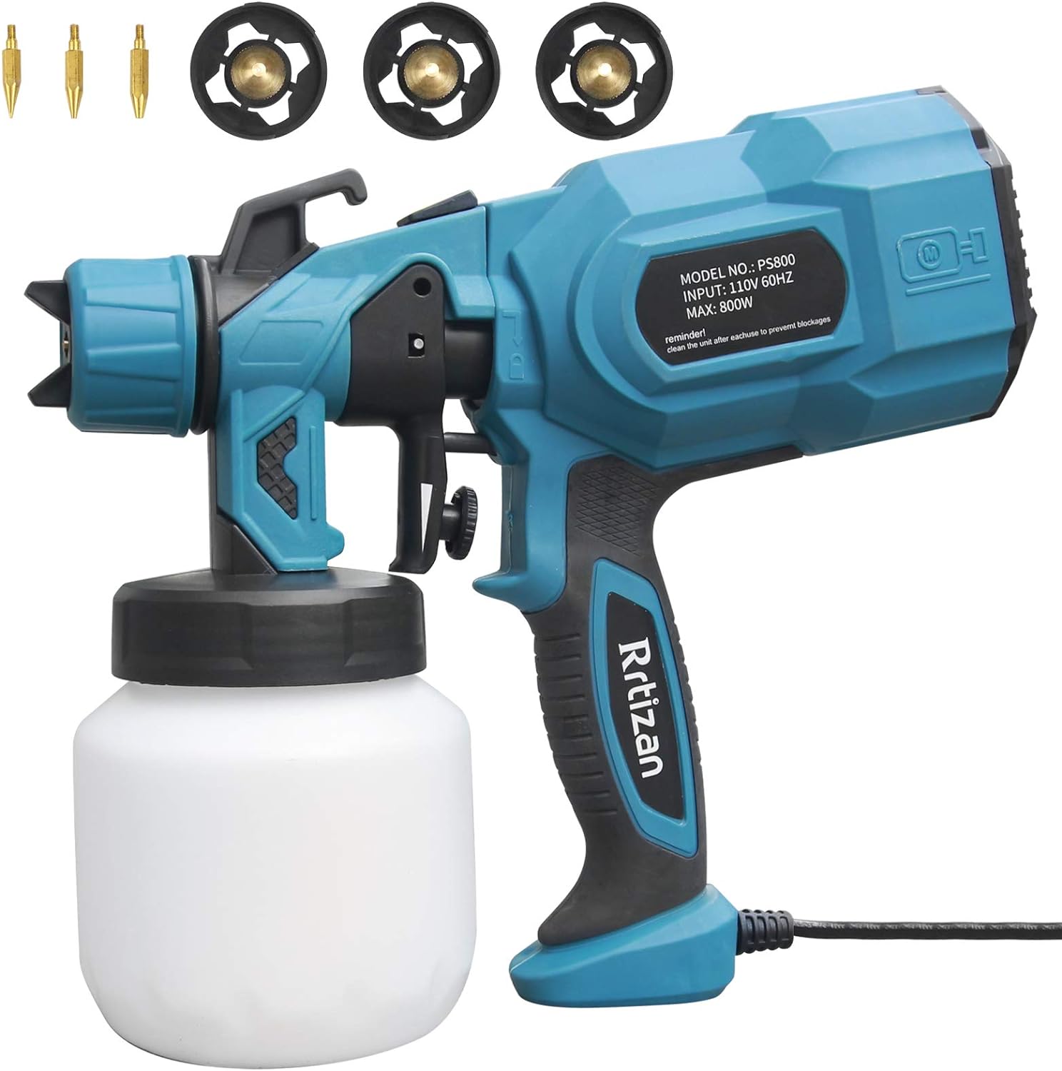 Rrtizan Paint Sprayer, 800W High Power HVLP Spray Gun, Electric Paint Gun with 3 Copper Nozzles, 3 Spray Patterns for Painting Ceiling,