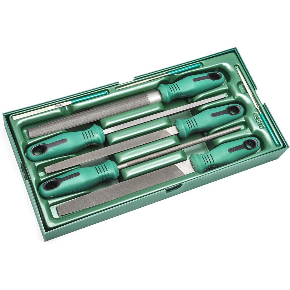 Apex Tools SATA 8-Piece Metal File Tray Set Containing Flat, Half-Round, Round and Square Files with Ergonomic Green Handles - ST09910