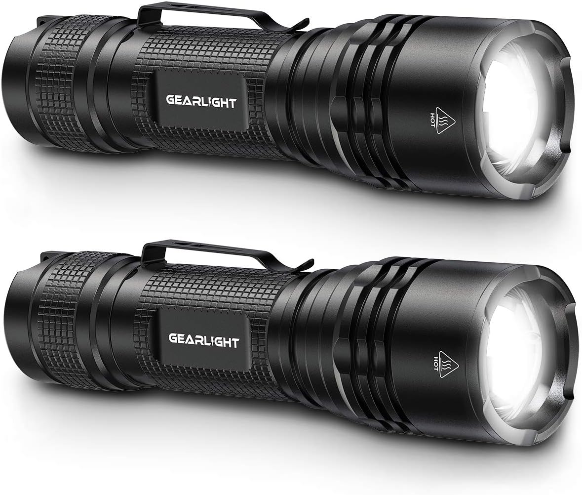 GearLight Tac LED Tactical Flashlight [2 Pack] - Single Mode, High Lumen, Zoomable, Water Resistant, Flash Light - Camping Accessories, E