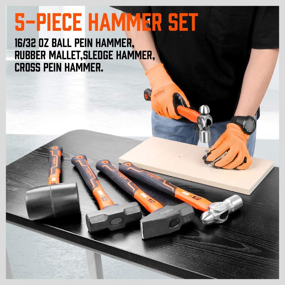 HORUSDY 5-Piece Hammer Set, 16oz Ball Pain Hammer | 32oz Ball Pain Hammer | 32oz Rubber Mallet | 3lb Sledge Hammer | 3lbCross Pain Hamm