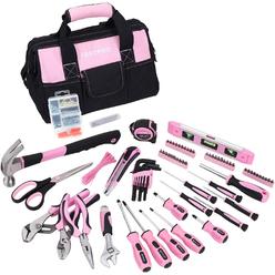 Fute FASTPRO Pink Tool Set, 220-Piece Lady's Home Repairing Tool Kit with 12-Inch Wide Mouth Open Storage Tool Bag