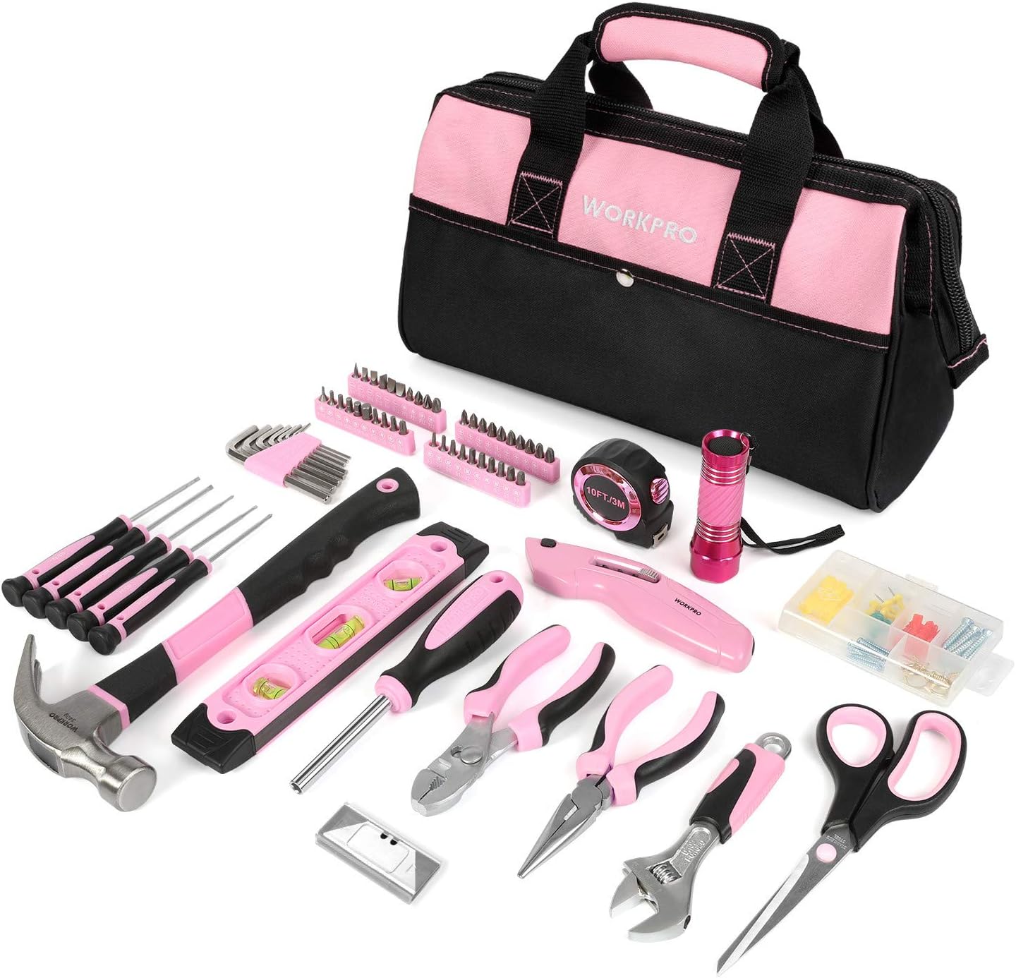 HANZGHOU GREATSTAR INDUSTRIAL  WORKPRO Pink Tool Kit, Lady's Home Repairing Tool Set with Wide Mouth Open Storage Bag - Pink Ribbon