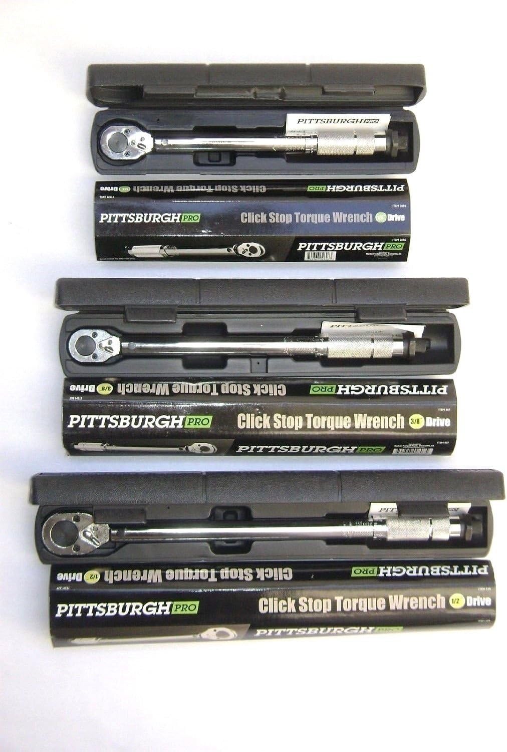 Pittsburg Torque Wrench Set of 3 1/4, 3/8, 1/2 Drive Click Type Snap