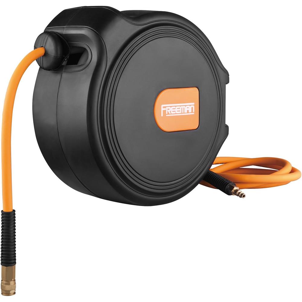Prime Global Products Freeman P1465CHR 1/4" x 65' Compact Retractable Air Hose Reel with Fittings Spring Loaded Compressed Air Hose with Auto-Gu