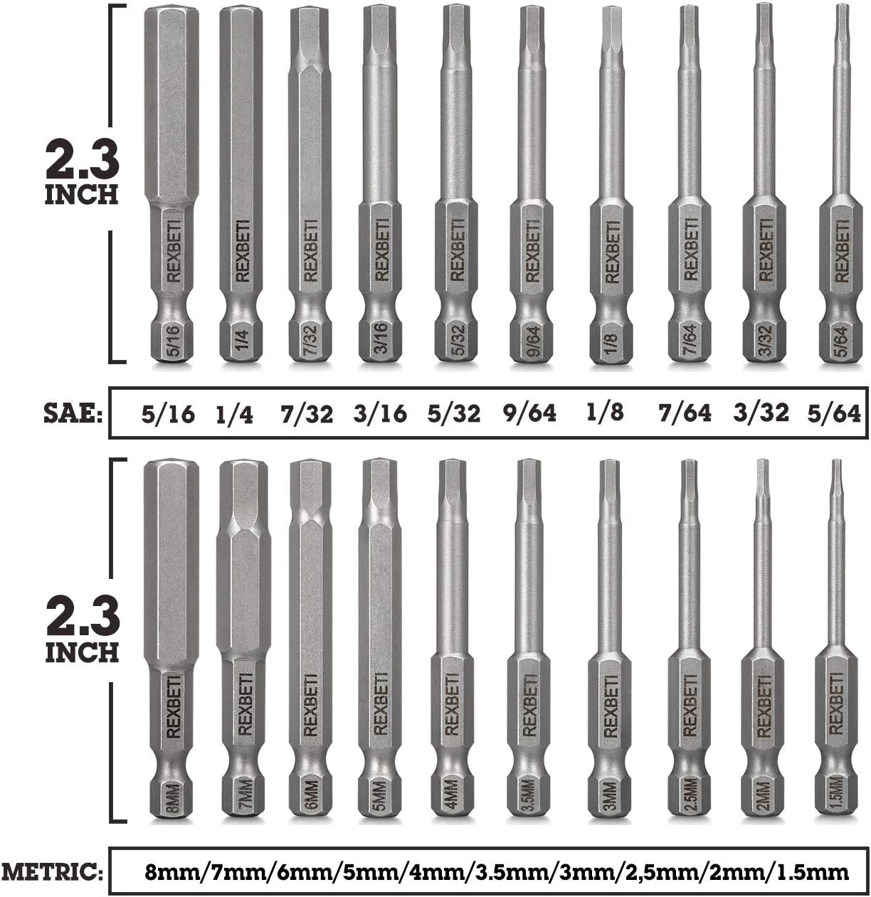 REXBETI 20 Piece Hex Head Allen Wrench Screwdriver Bit Set, SAE Metric 1/4 Inch Hex Shank S2 Steel Magnetic 2.3 Inch Long Drill Bits wi