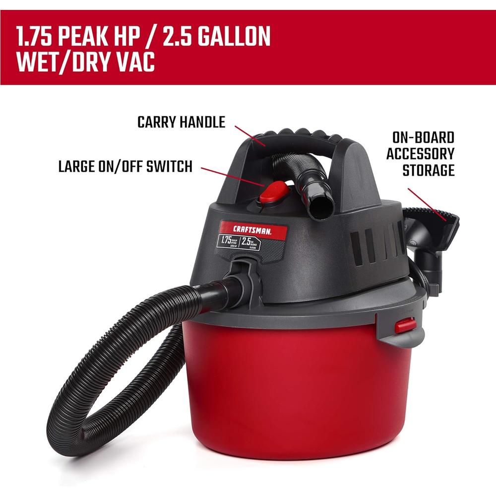 Emerson Tool Company CRAFTSMAN CMXEVBE17250 2.5 gallon 1.75 Peak Hp Wet/Dry Vac, Portable Shop Vacuum with Attachments