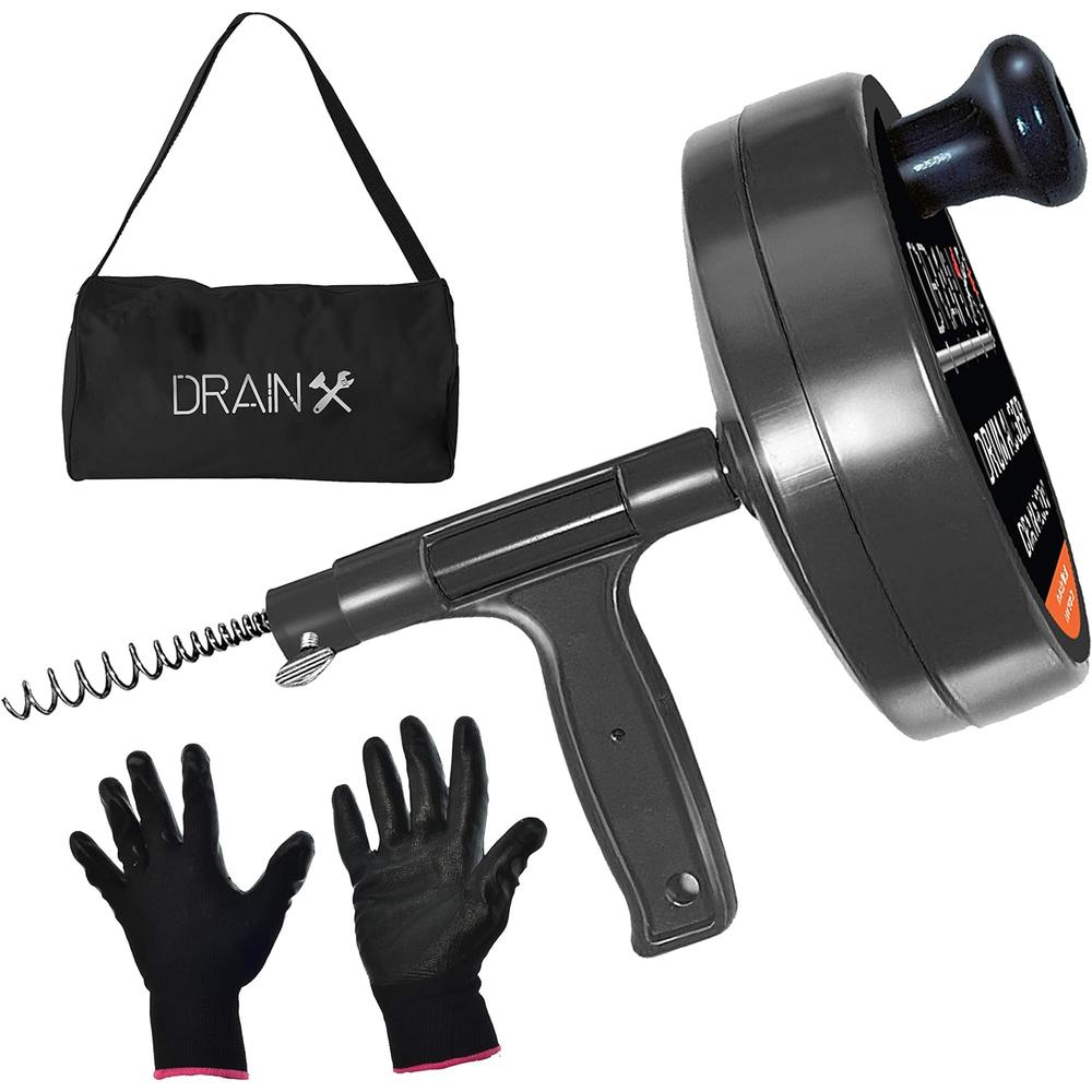 Drainx Pro Steel Drum Auger Plumbing Snake | Heavy Duty 25-Ft Drain Cable with Work Gloves and Storage Bag