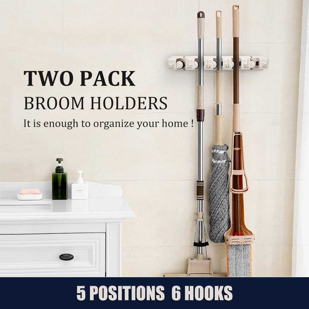 Imillet 2 Pack Imillet Mop and Broom Holder, Wall Mounted Organizer-Mop and broom Storage Tool Rack with 5 Ball Slots and 6 Hooks (Gray