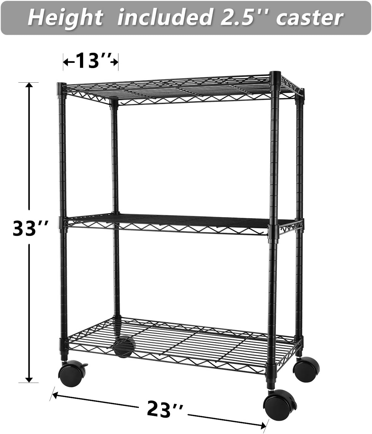 Simple Deluxe Heavy Duty 3-Shelf Shelving with Wheels, Adjustable Storage Units, Steel Organizer Wire Rack, 23" W x 13" D x 30