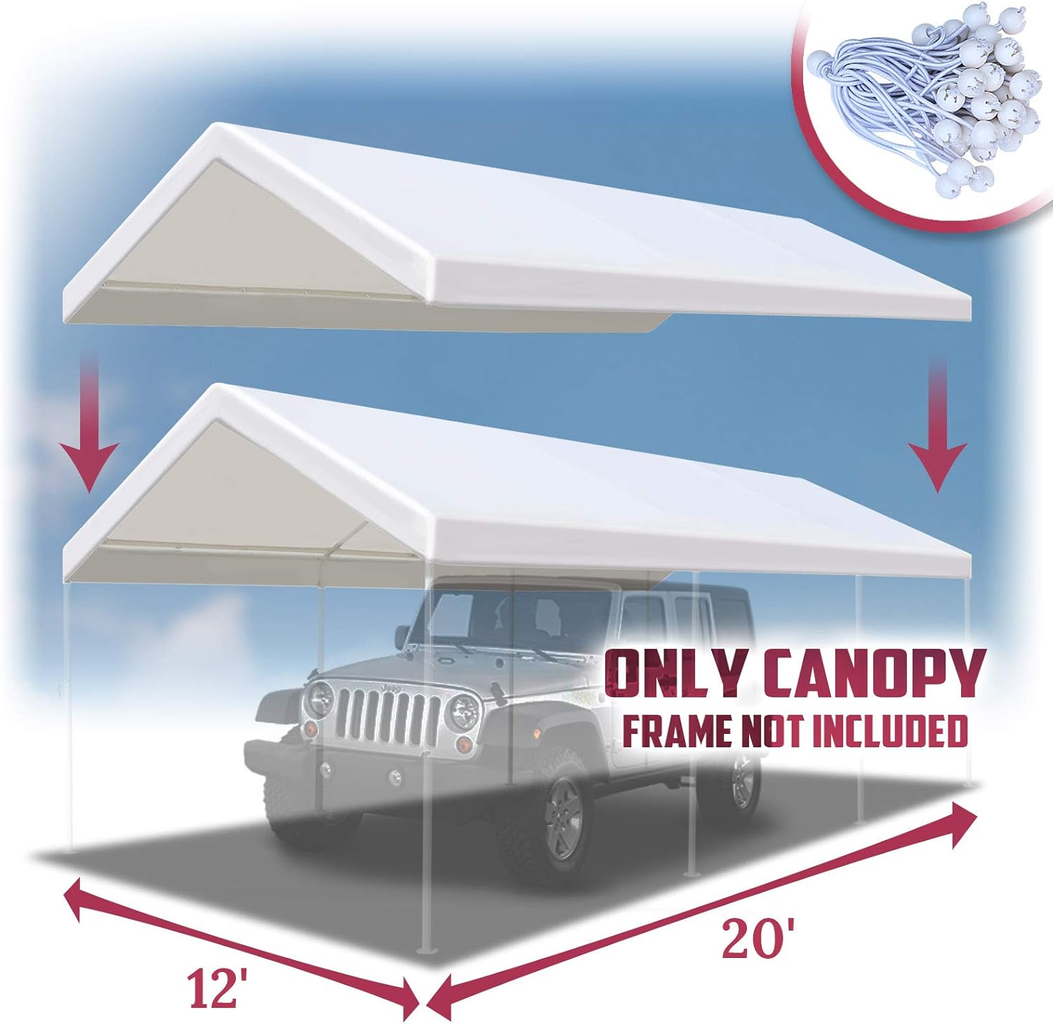 Benefit-USA BenefitUSA 12'x20' Carport Canopy Tent Garage Replacement Top Tarp Car Shelter Cover w/Ball Bungees (with Edge)