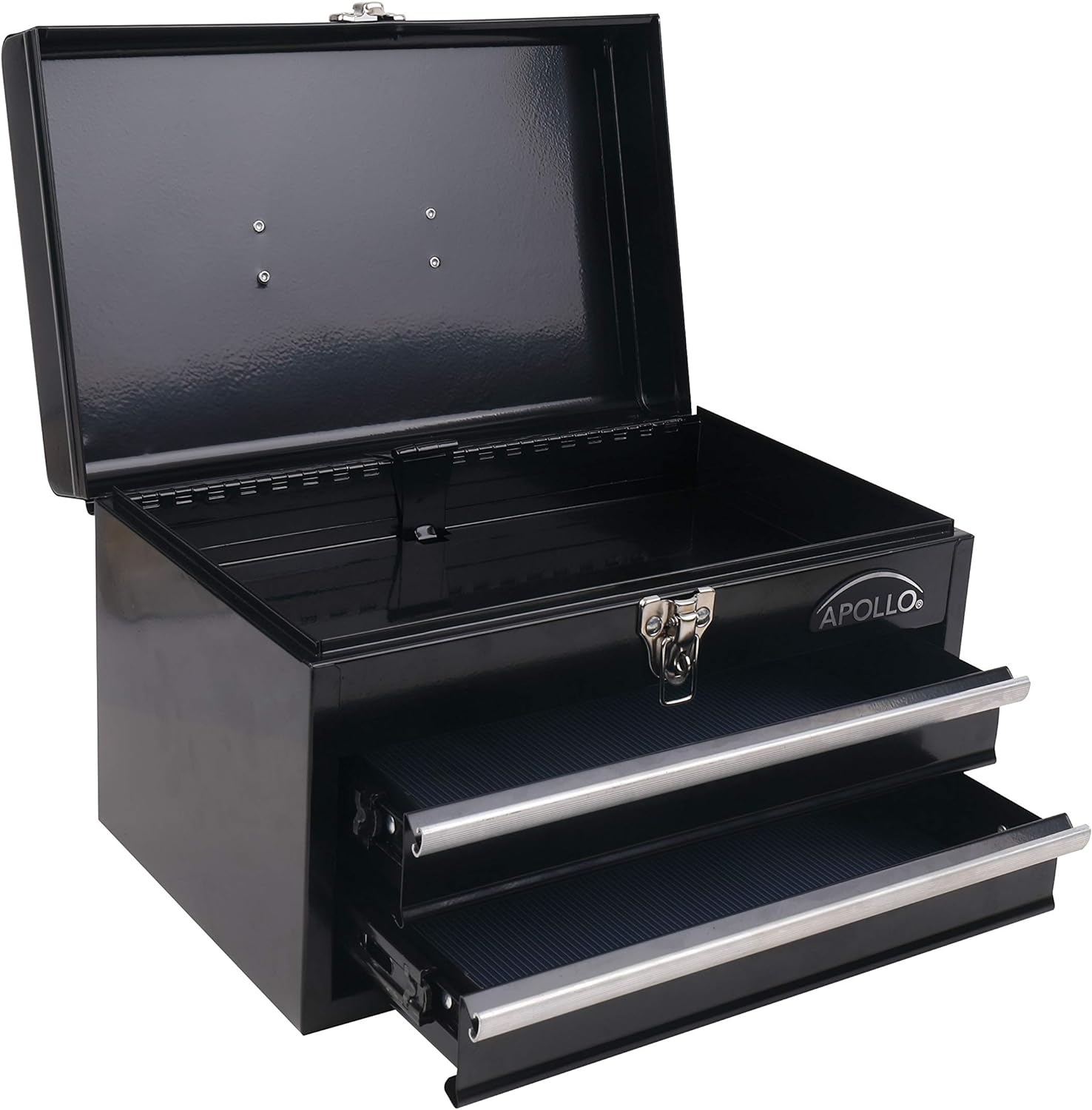 Apollo Precision Tools APOLLO TOOLS Black Metal Tool Box with Deep Top Compartment and 2 Drawers in Heavy-Duty Steel Chest With Ball Bearing Opening A