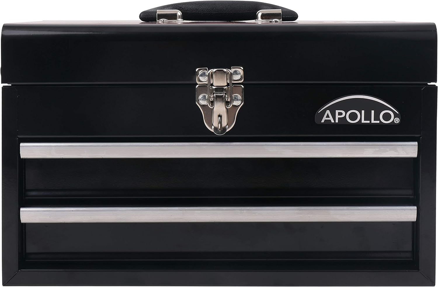 Apollo Precision Tools APOLLO TOOLS Black Metal Tool Box with Deep Top Compartment and 2 Drawers in Heavy-Duty Steel Chest With Ball Bearing Opening A