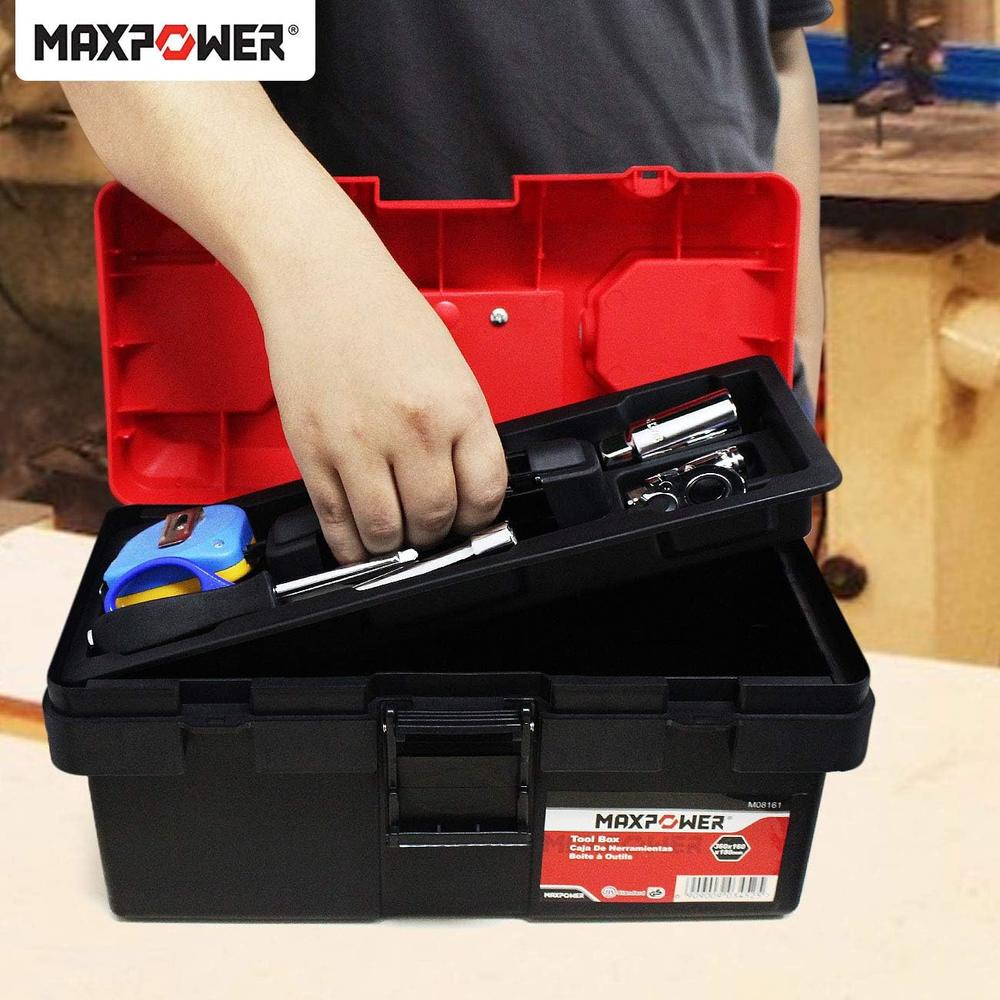 Maxpower Tool Box 14-inch Plastic Small Tool Boxes with Removable Tray with Dual Lock Secured, Red