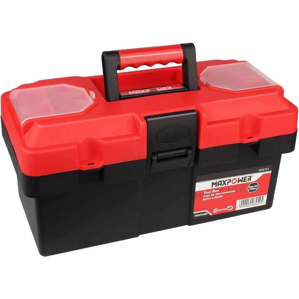 Maxpower Tool Box 14-inch Plastic Small Tool Boxes with Removable Tray with Dual Lock Secured, Red