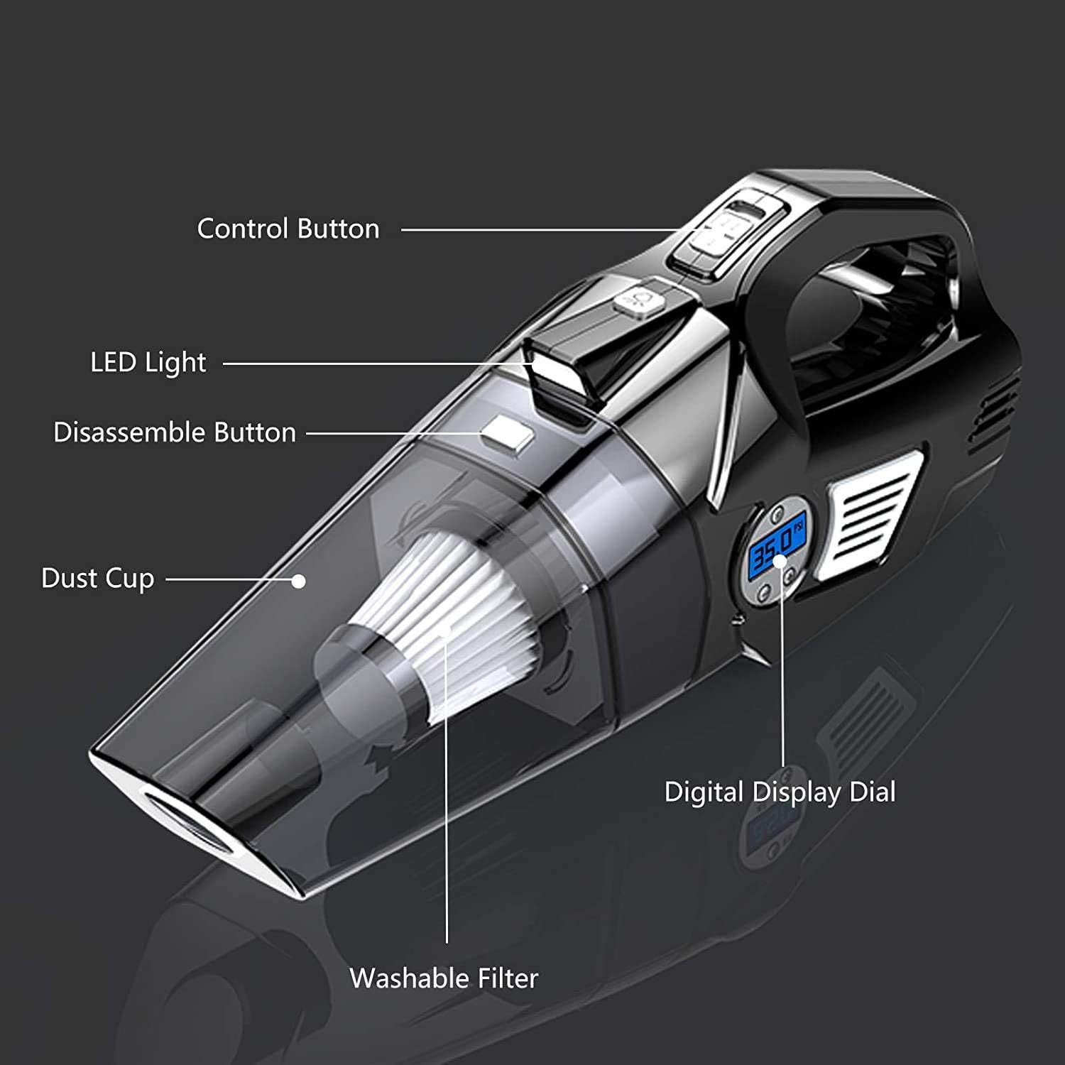 Uleete 4 in 1 Portable Car Vacuum Cleaner, Digital Air Compressor Pump with Auto Shut Off Feature, DC 12V Tire Inflator for Car