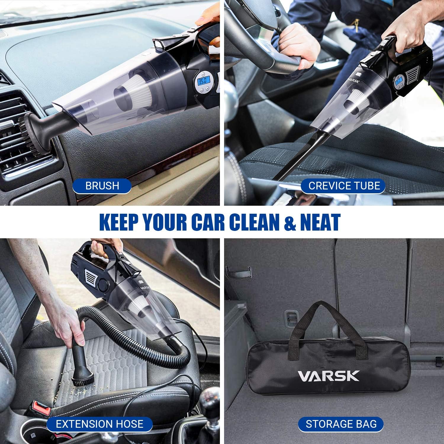 VARSK 4-in-1 Car Vacuum Cleaner, Tire Inflator Portable Air Compressor with Digital Tire Pressure Gauge LCD Display and LED Light, 12