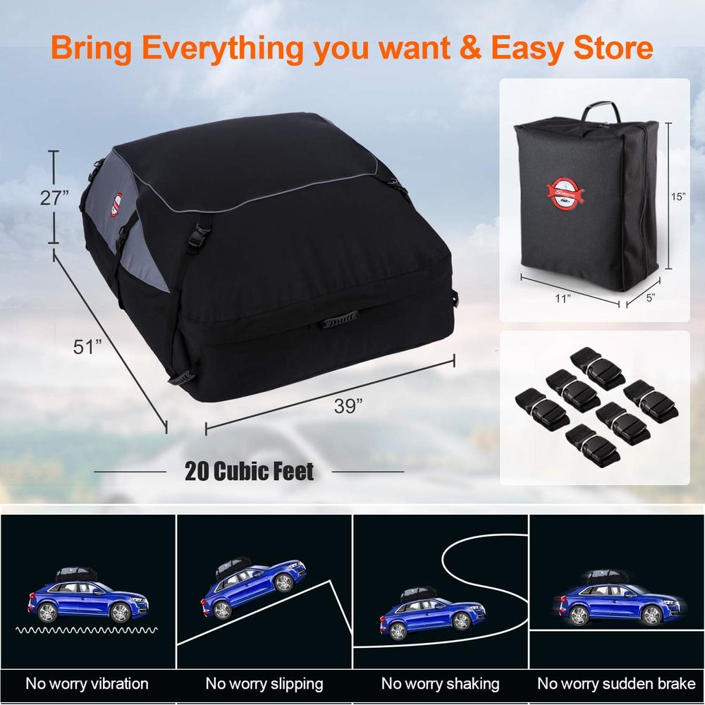 Adakiit Car Roof Bag Cargo Carrier, 20 Cubic Feet Waterproof Rooftop Luggage Bag Vehicle Softshell Carriers with 8 Reinforced Straps an